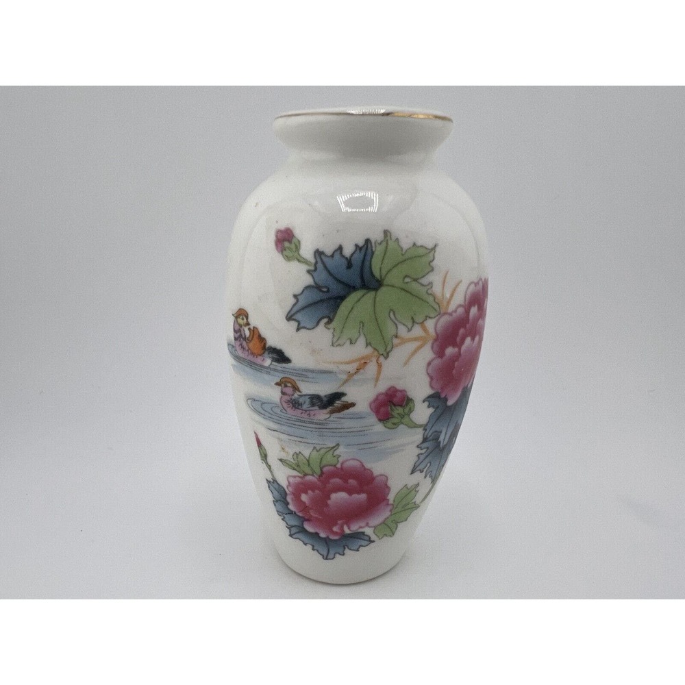Vintage Ceramic & Porcelain Flower Birds Design Hand Painted Gold Rim Vase 3.75"